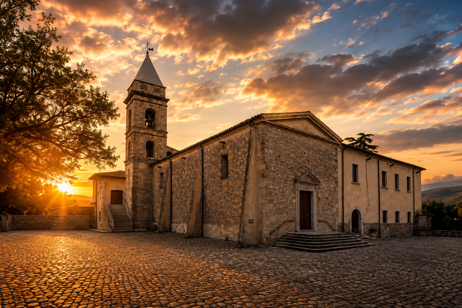 Il Santuario di San Donato a Ripacandida illuminato dalla luce del tramonto, uno dei luoghi di culto più importanti della Basilicata.