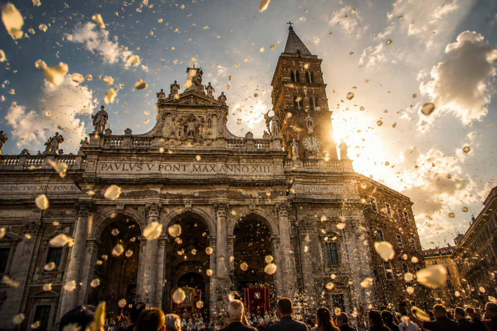 la basilica di Santa Maria Maggiore a Roma durante la celebrazione della Madonna della Neve con petali bianchi che ricordano il miracolo del 5 agosto